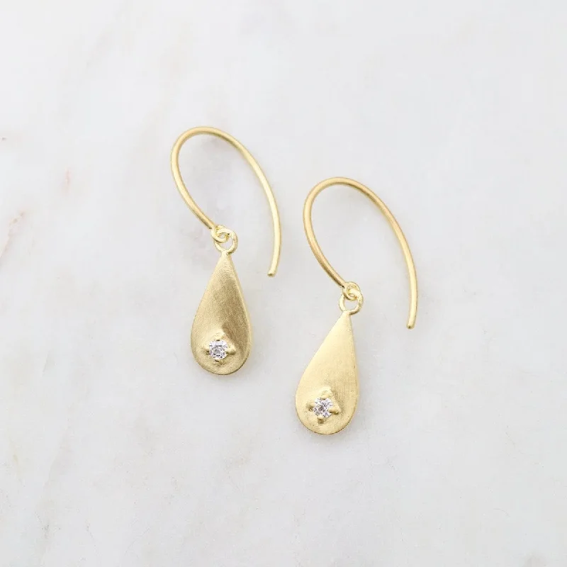 romantic earrings for women-Brushed Gold Vermeil Dewdrop with CZ on Oval Hook Earrings