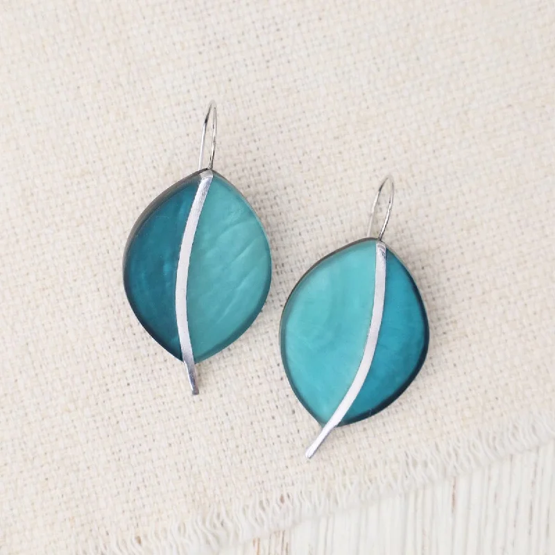 statement stud earrings for women-Two Tone Teal Leaf Earrings