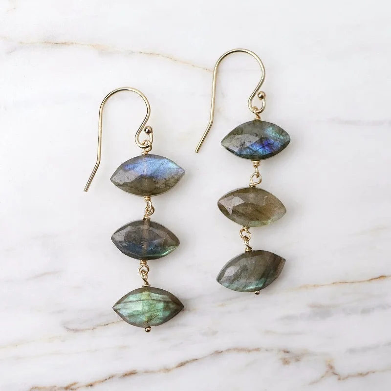 large hoop earrings for women-Triple Drop Elongated Faceted Labradorite Stone Earrings