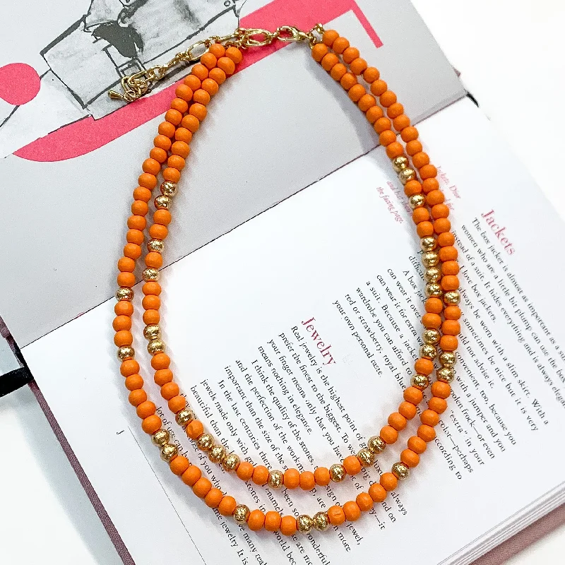 fine silver necklaces for women-Making Joy Small Beaded Two Strand Necklace with Gold Tone Spacers in Orange