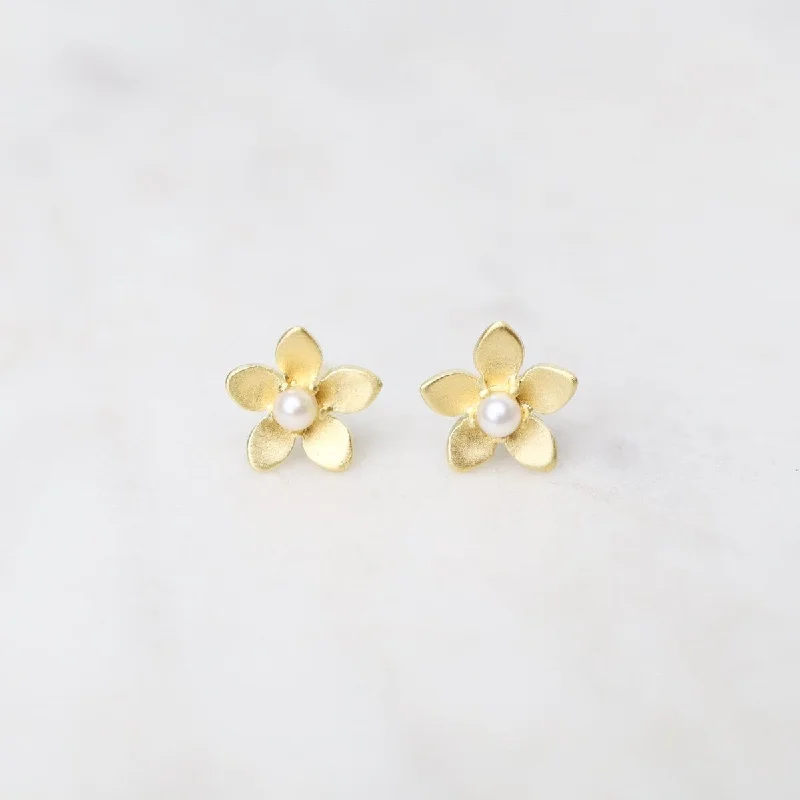 dainty gold earrings for women-Brushed Gold Vermeil Flower with Tiny Pearl Center Stud Earrings