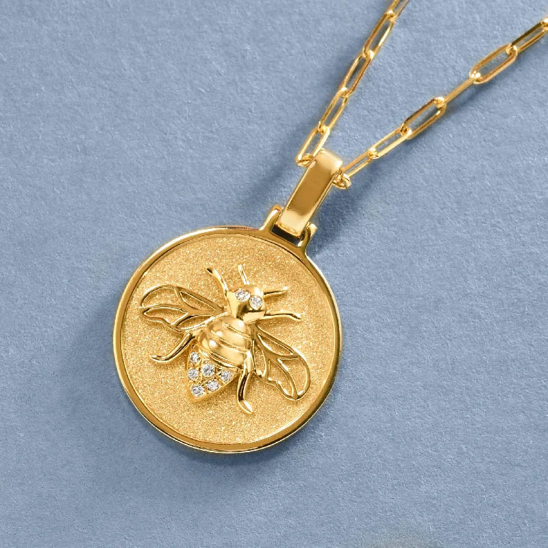 multi-strand necklaces for women-Gold And Diamond Bee Medallion