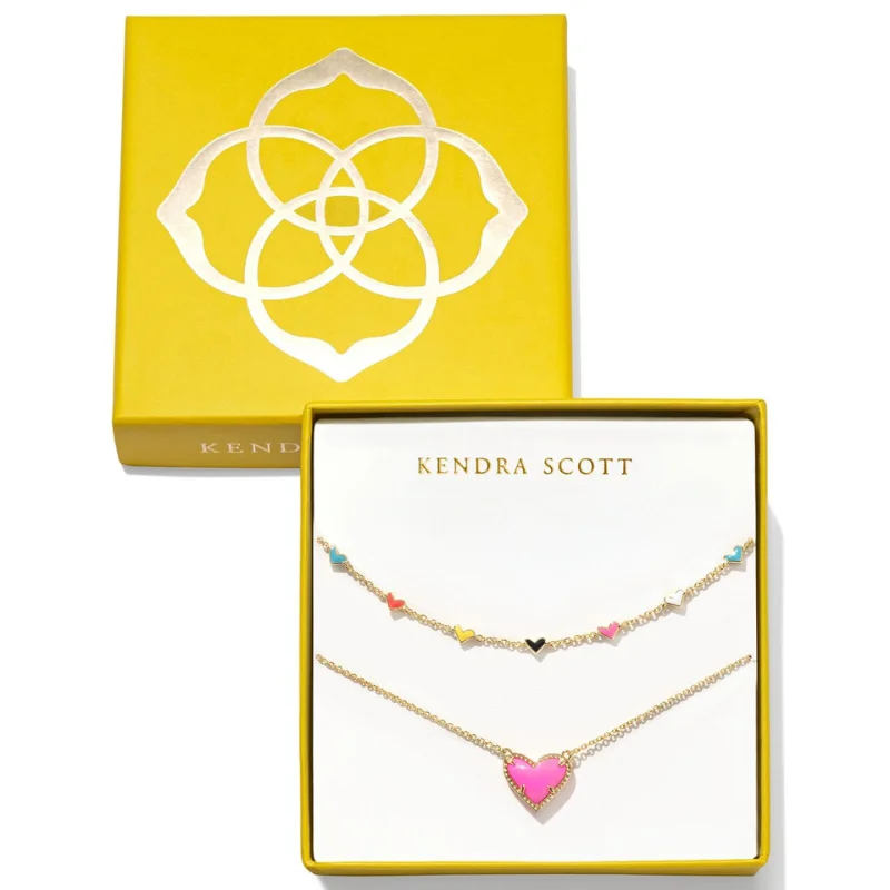 nature-themed necklaces for women-Kendra Scott | Ari and Haven Gold Enamel Heart Necklace Gift Set in Neon Pink