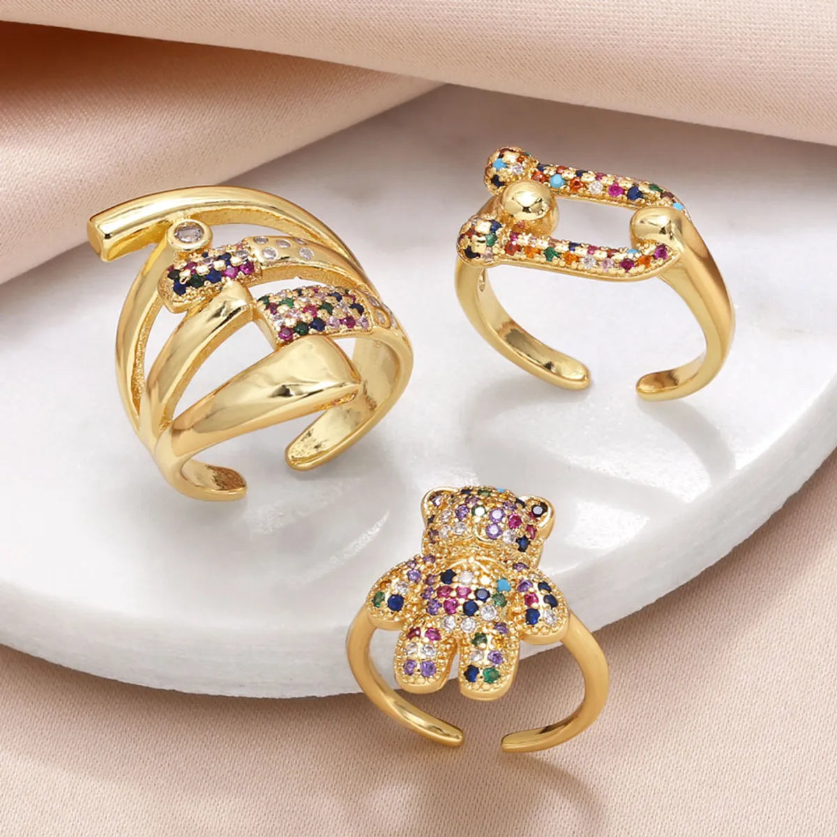 vintage engagement rings with emerald stones for women-Wholesale Cute Modern Style Simple Style Bear Copper Plating Inlay 18K Gold Plated Zircon Rings