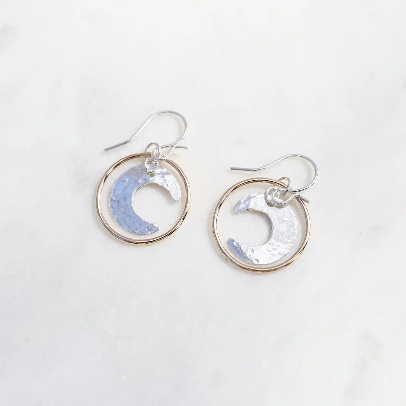 elegant diamond drop earrings for women-Sterling Silver Hammered Moon in Gold Filled Circle Dangle Earrings