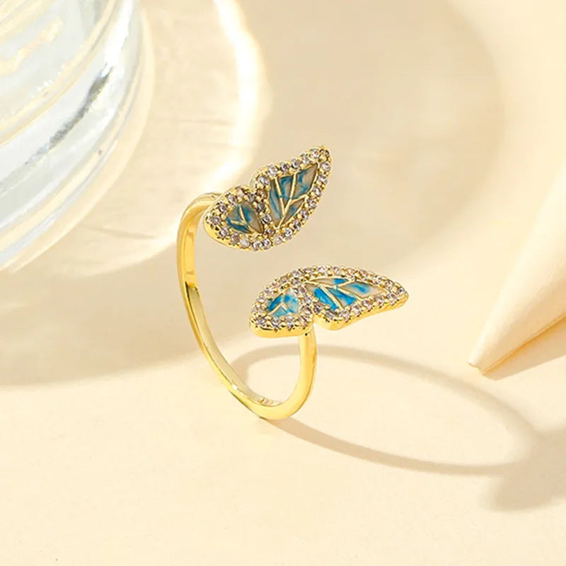 vintage wedding bands for women-Simple Style Butterfly Copper Plating Inlay Zircon Gold Plated Open Rings