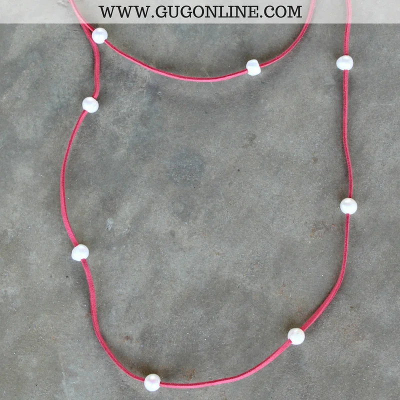 braided gold necklaces for women-On the Line Long Leather Necklace with Pearls in Coral