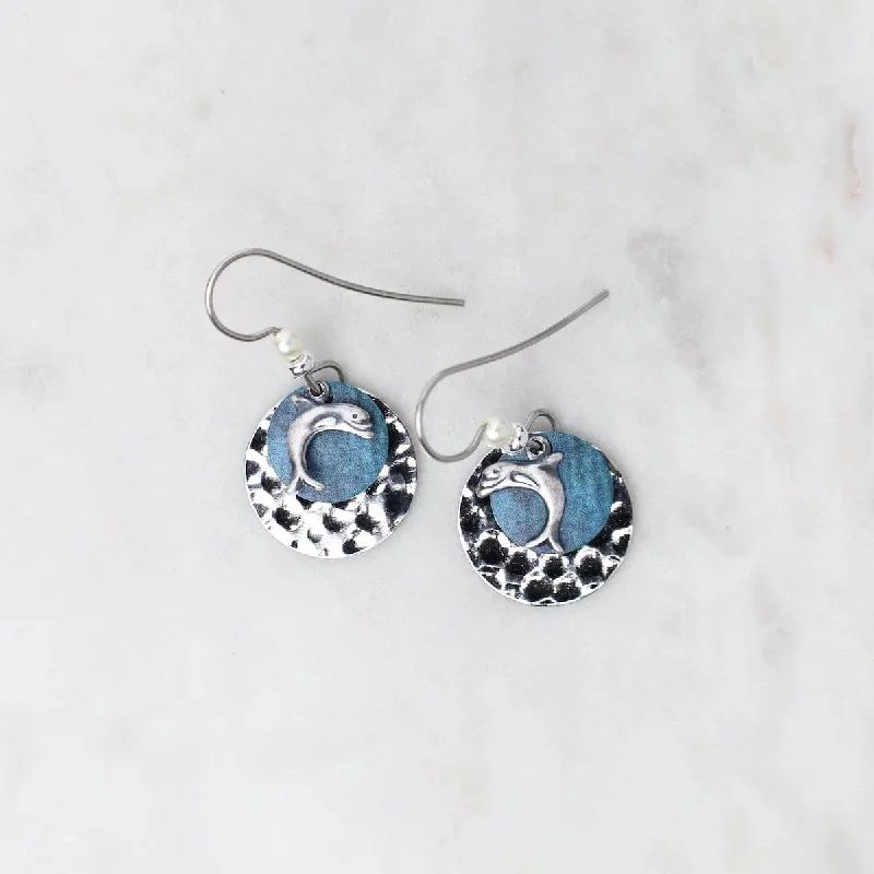 delicate hoop earrings for women-Deep Sea Blue Dolphin Earrings