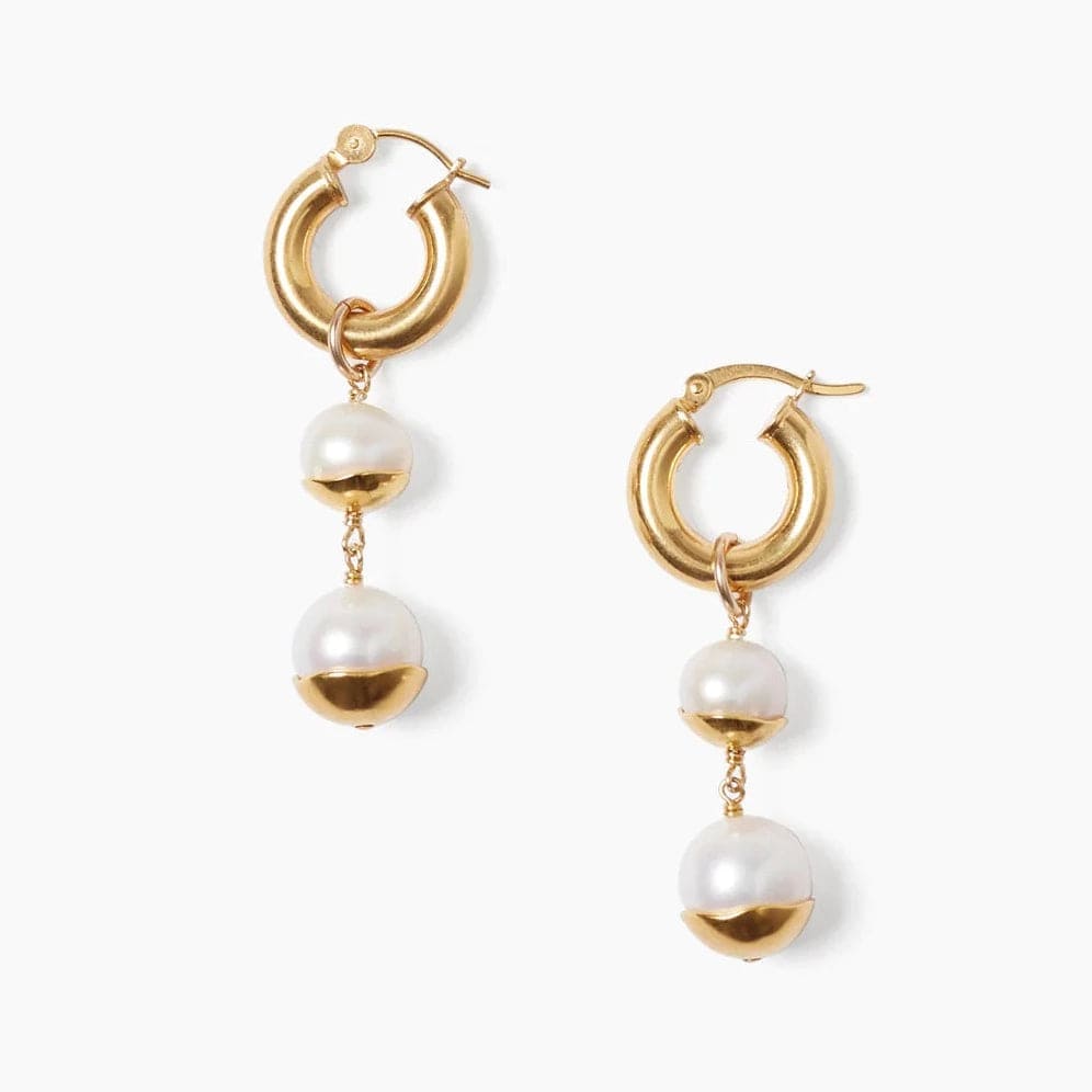 minimalist earrings for women-White Pearl Gold Dipped Tiered Hoop Earrings