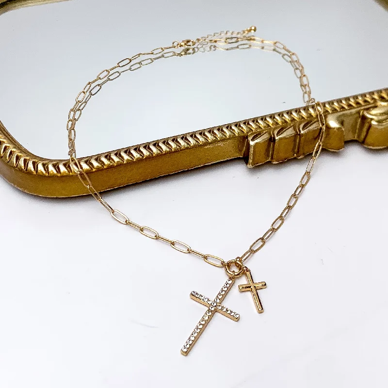 pearl strand necklaces for women-Gold Tone Double Cross Chain Necklace With Clear Crystals