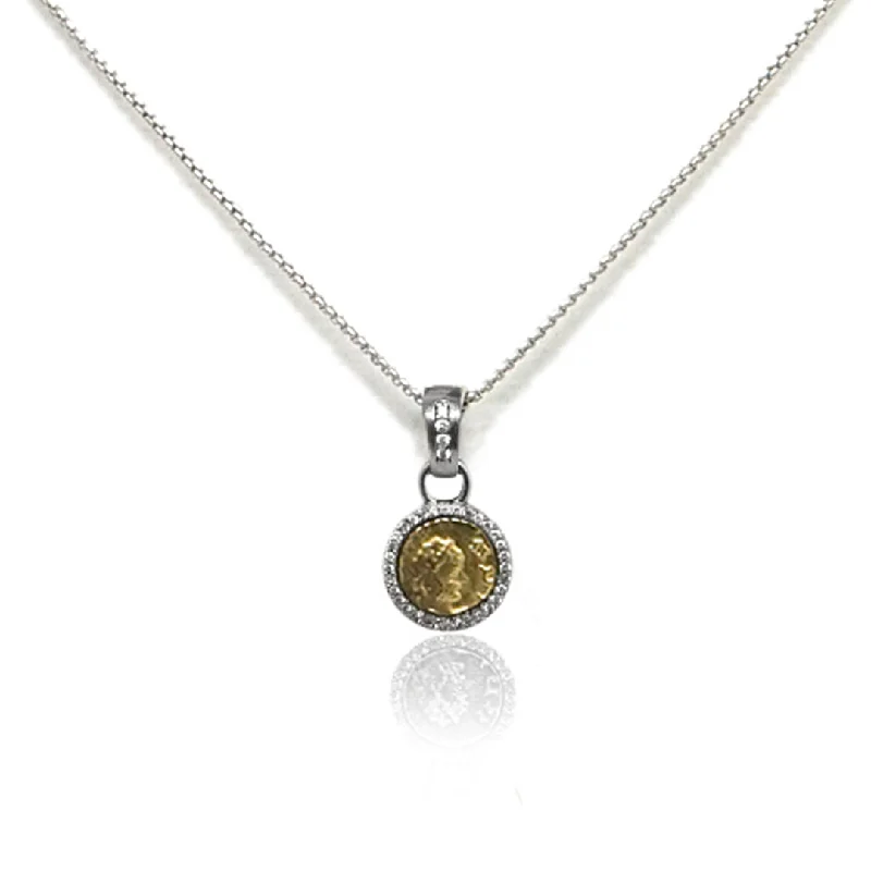 large pendant necklaces for women-VINTAGE SILVER PAVIA COIN & PAVÉ FRAME NECKLACE