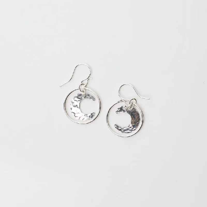 luxury stud earrings for women-Sterling Silver Hammered Moon in Circle Earrings