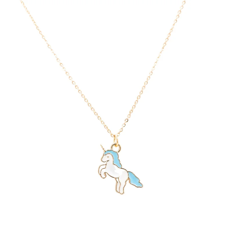 gemstone pendant necklaces for women-Blue Hair Unicorn Enamel Charm Children's Necklace