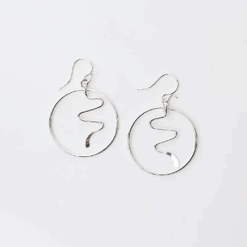 bold diamond earrings for women-Wavy Circle Dangle Earrings in Sterling Silver