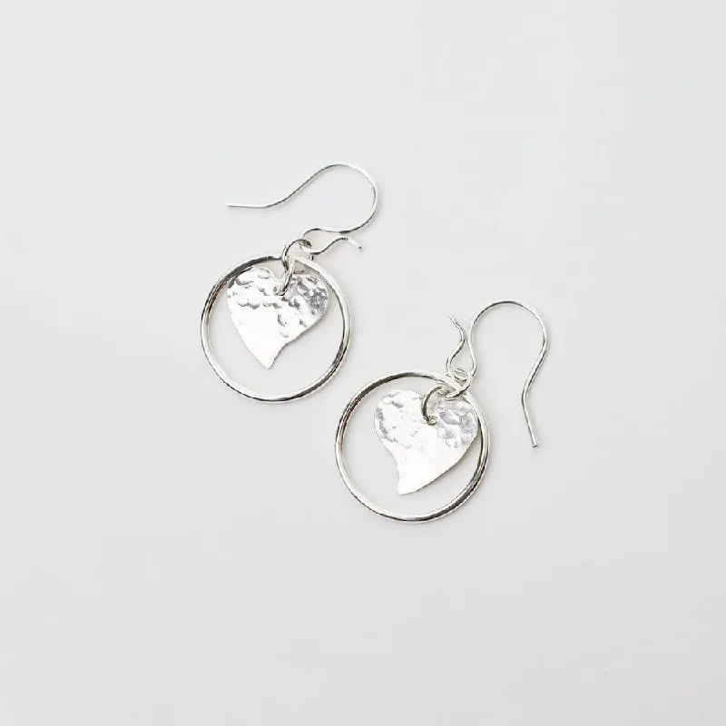 modern chandelier earrings for women-Sterling Silver Hammered Heart in Circle Earrings