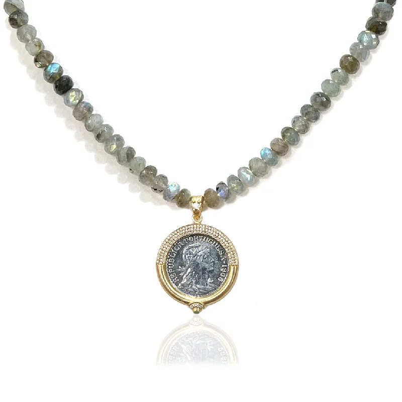 colorful beaded necklaces for women-LABRADORITE RONDELLE GOLD ESCUDO NECKLACE