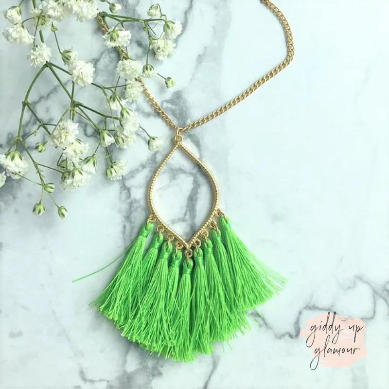 gemstone chain necklaces for women-Gold Chain Lantern Outline Necklace with Fringe Tassels in Neon Green