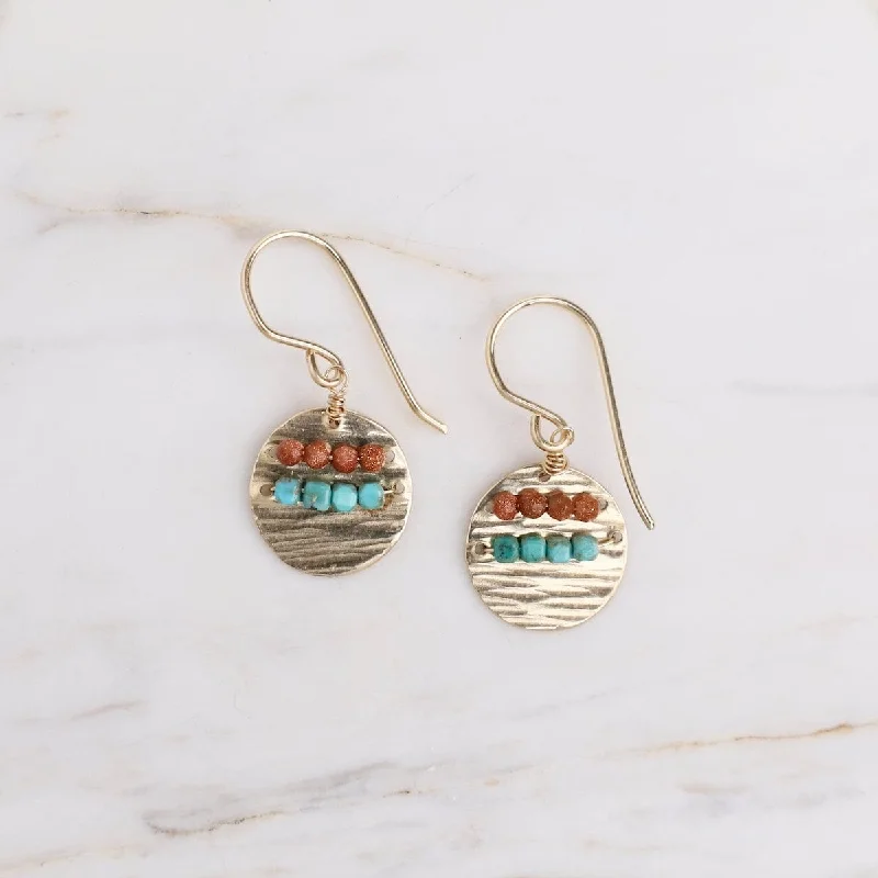 handmade drop earrings for women-Rippled Tide Earrings with Goldstone & Turquoise