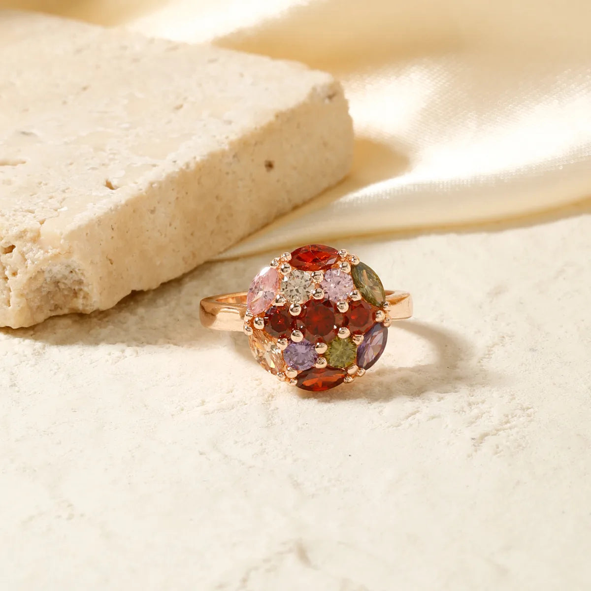 cocktail rings with gemstones for women-Copper K Gold Plated Inlay Floral Ball Zircon Rings