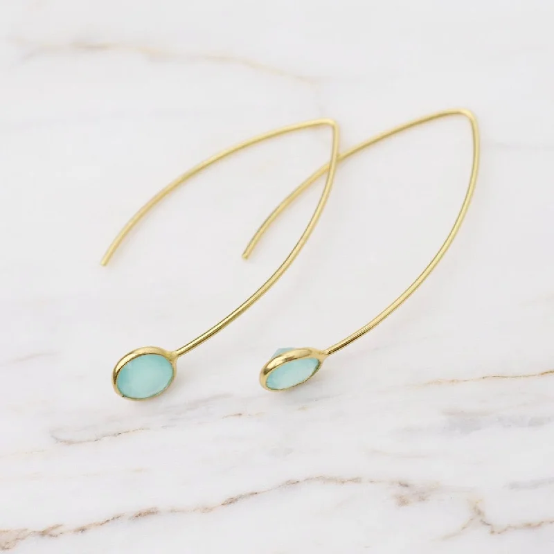 handmade drop earrings for women-Gold Filled Hair Pin Drop Earrings with Bezel Set Aqua Blue Chalcedony