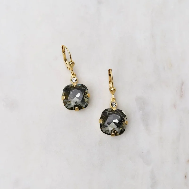 romantic stud earrings for women-Large Black Diamond Drop Earrings- Gold Plate