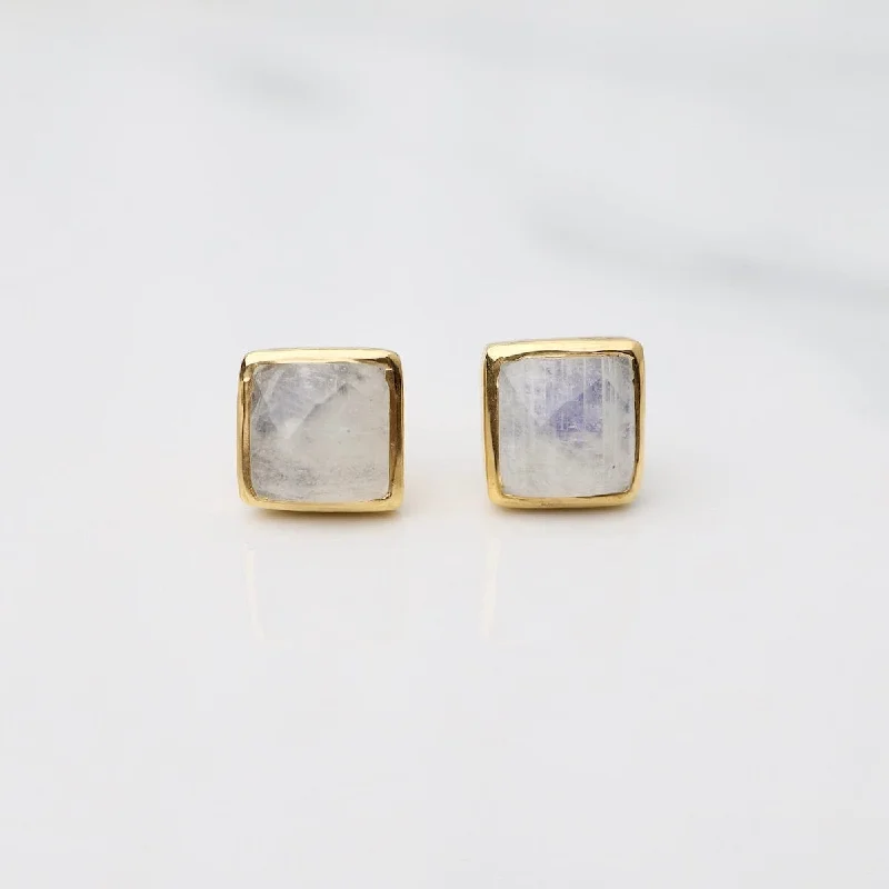 creative gemstone earrings for women-Madeline Stud Earrings - Vermeil Square - Rainbow Moonstone