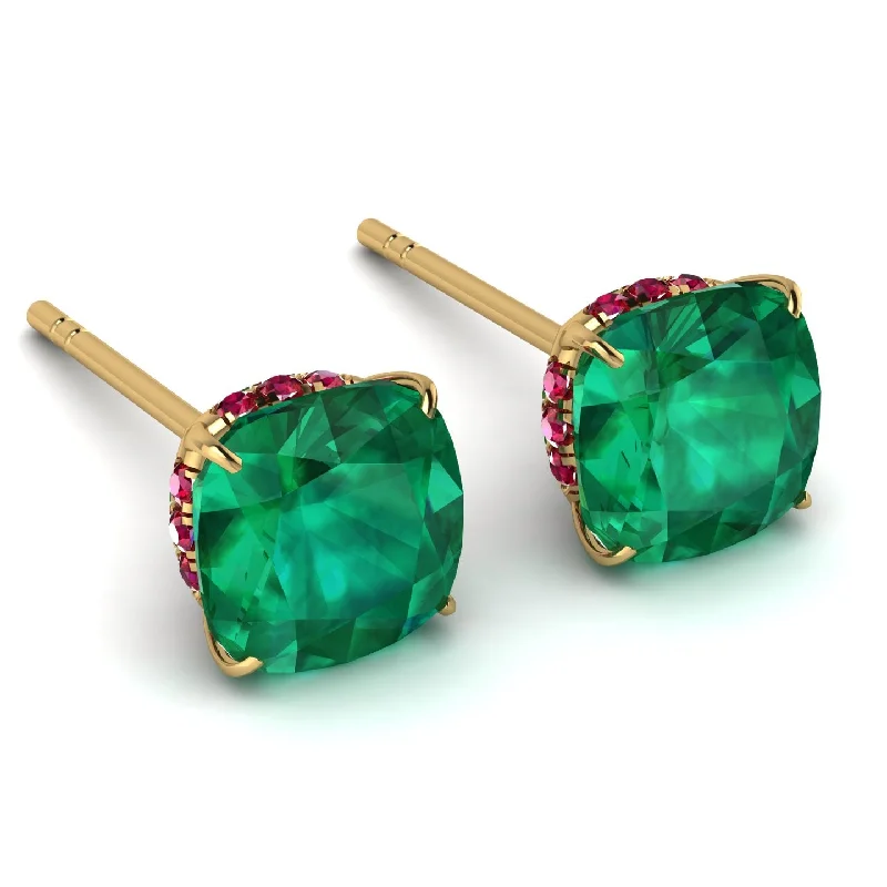 classic crystal earrings for women-Hidden Halo Cushion Emerald Earrings - Alivia No. 49