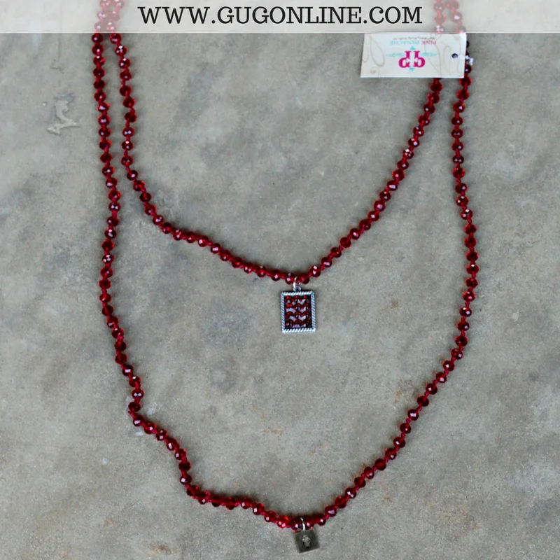 contemporary necklaces for women-Pink Panache Long Red Crystal Necklace with Silver Rectangle in Red Crystals