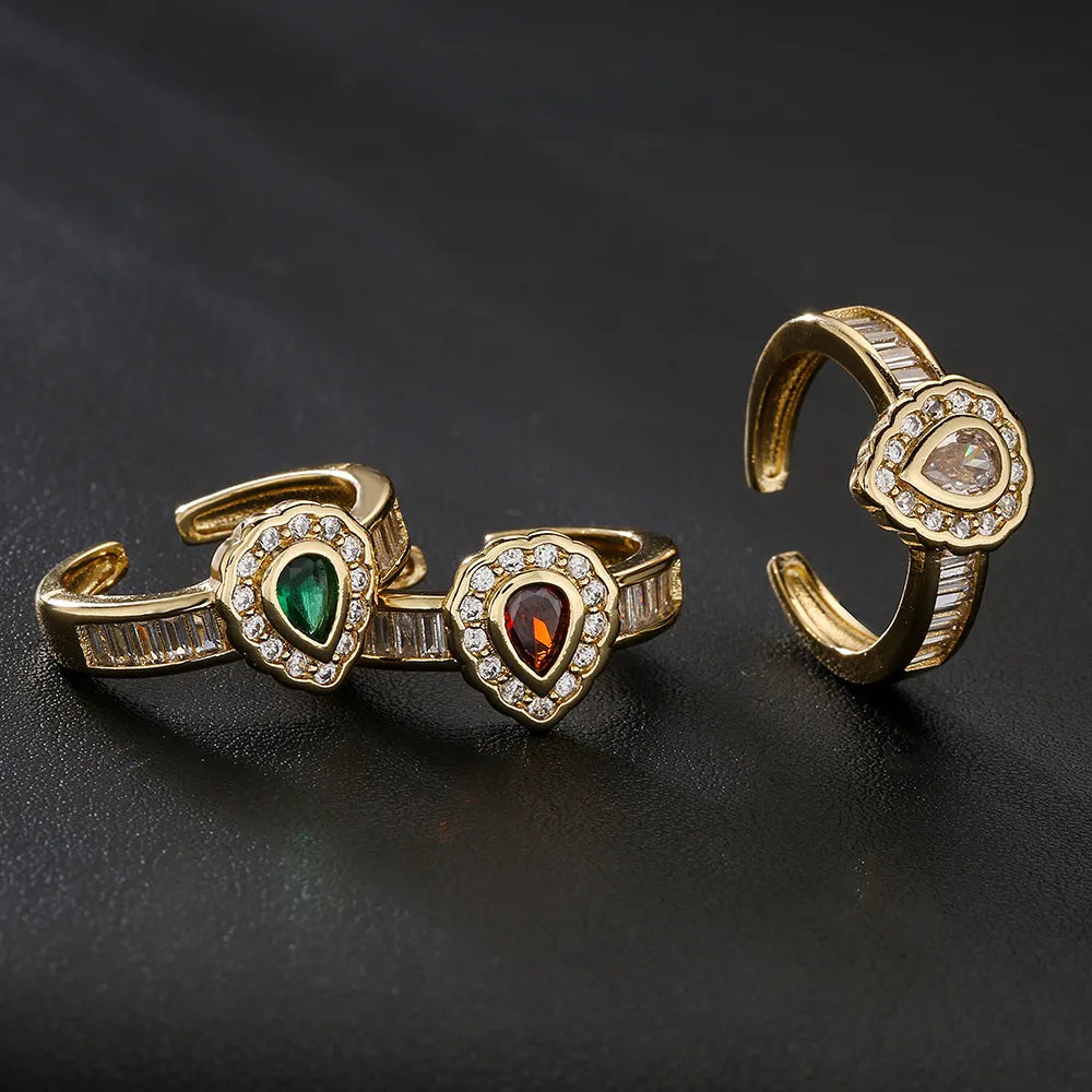 engagement rings with colored stones for women-Copper Inlay Water Droplets Zircon Open Rings