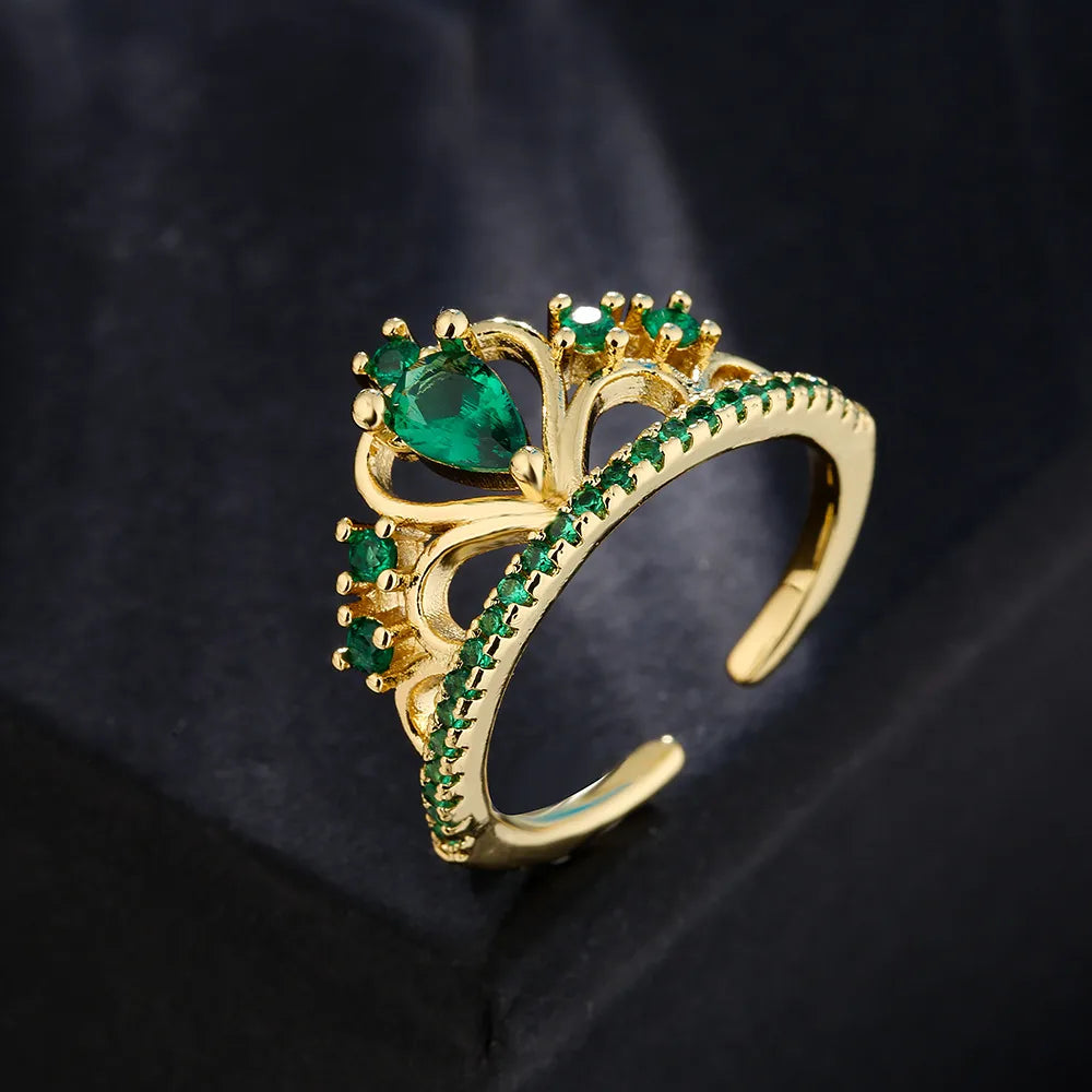 stackable rings with diamonds for women-Fashion Copper 18k Gold Micro-Set Zircon Crown Heart Emerald Geometric Open Ring