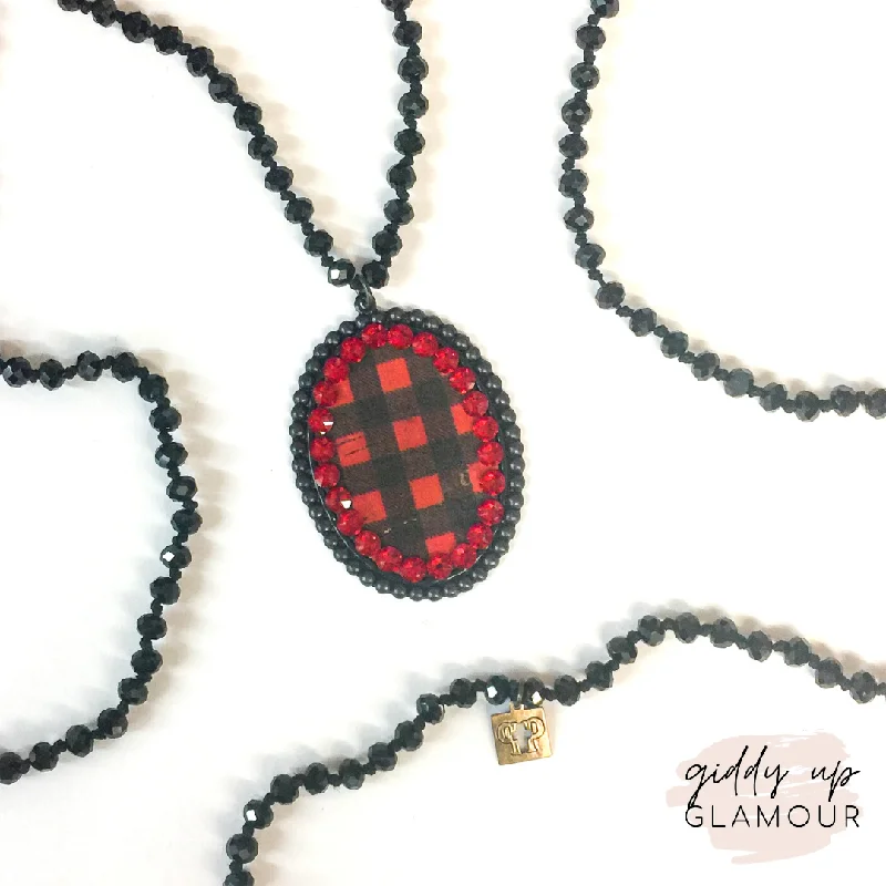 statement jewelry necklaces for women-Pink Panache Long Black Necklace with Large Black Matte Oval with Buffalo Plaid and Red Crystals| ONLY 1 LEFT!