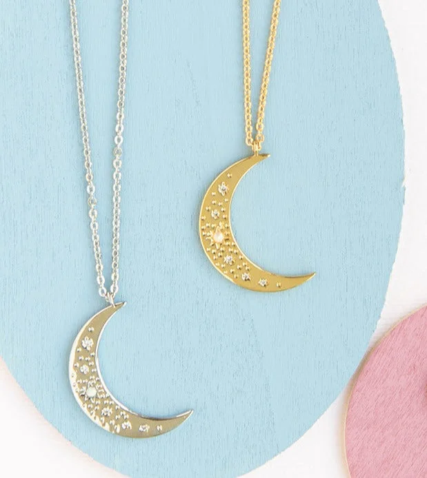 monogram necklaces for women-Moon dotted with CZ and Opal Gems Charm Necklace