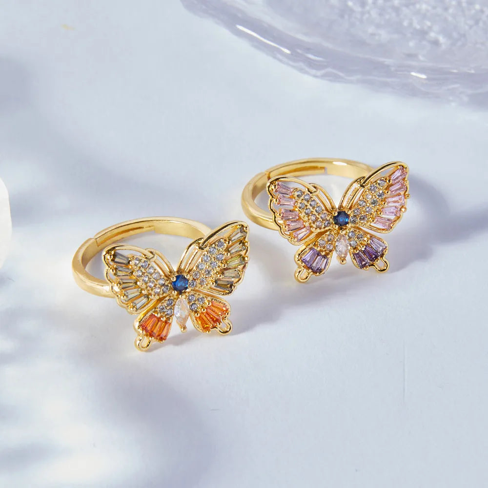 silver rings with large colored stones for women-Copper 18K Gold Plated Simple Style Korean Style Inlay Butterfly Rhinestones Open Rings