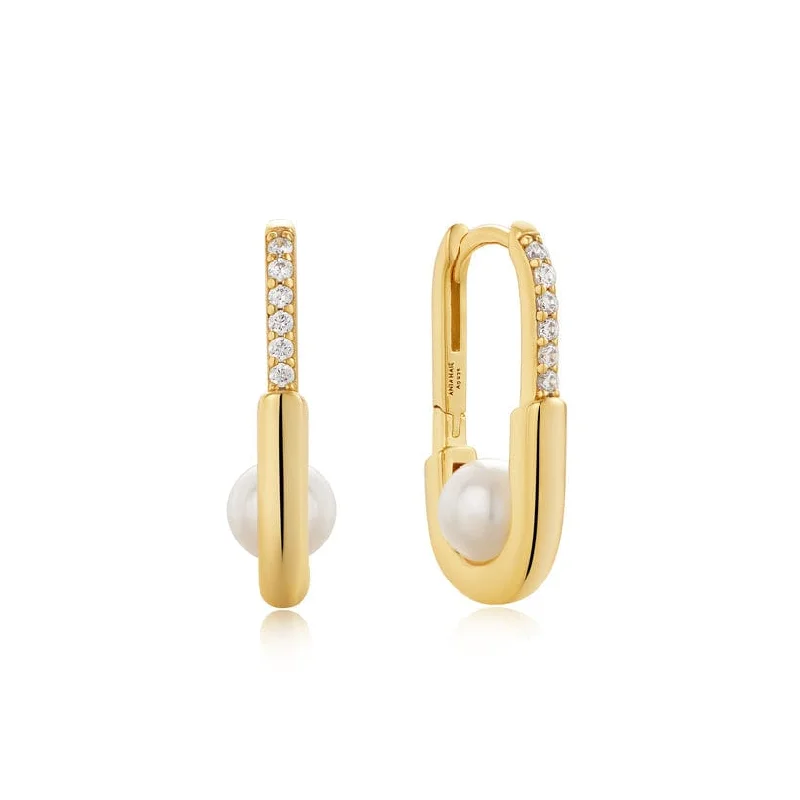 elegant gemstone drop earrings for women-Gold Pearl Interlock Oval Hoop Earrings