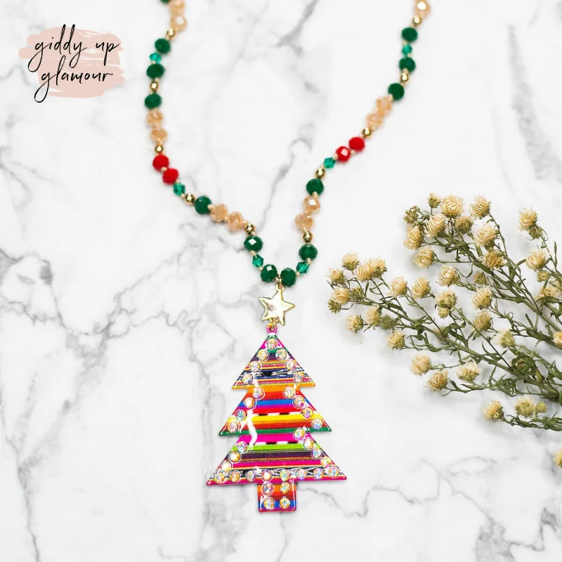 romantic necklaces for women-Crystal Christmas Tree Necklace in Red and Green Serape