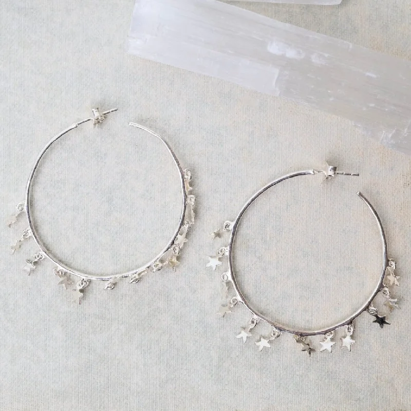 affordable diamond earrings for women-Sterling Silver Hoops with Tiny Star Charm Dangle Earrings