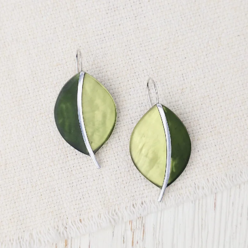 silver dangly earrings for women-Two Tone Green Leaf Earrings