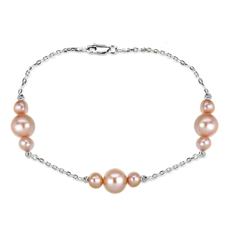 pink gold bracelets for women-DaVonna Sterling Silver 6-10mm Pink Freshwater Pearl stations chain Bracelet, 7.5 inch + 1 inch Extension.