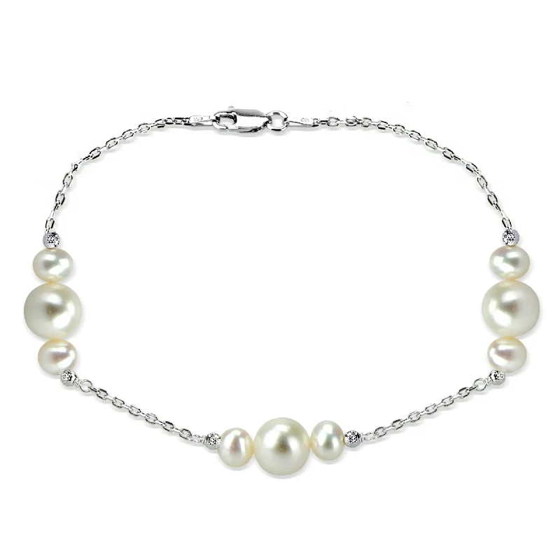 bold statement bracelets for women-DaVonna Sterling Silver 6-10mm Freshwater Pearl stations chain Bracelet, 7.5 inch + 1 inch Extension.