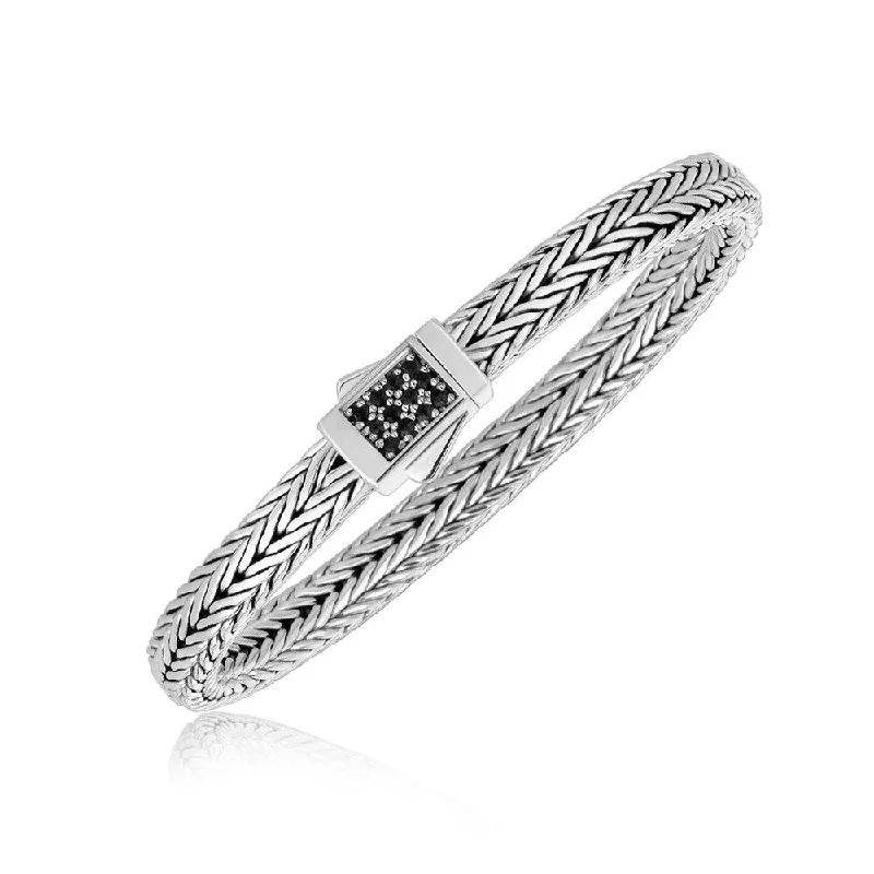 large cuff bracelets for women-Sterling Silver Braided Black Sapphire Accented Men's Bracelet