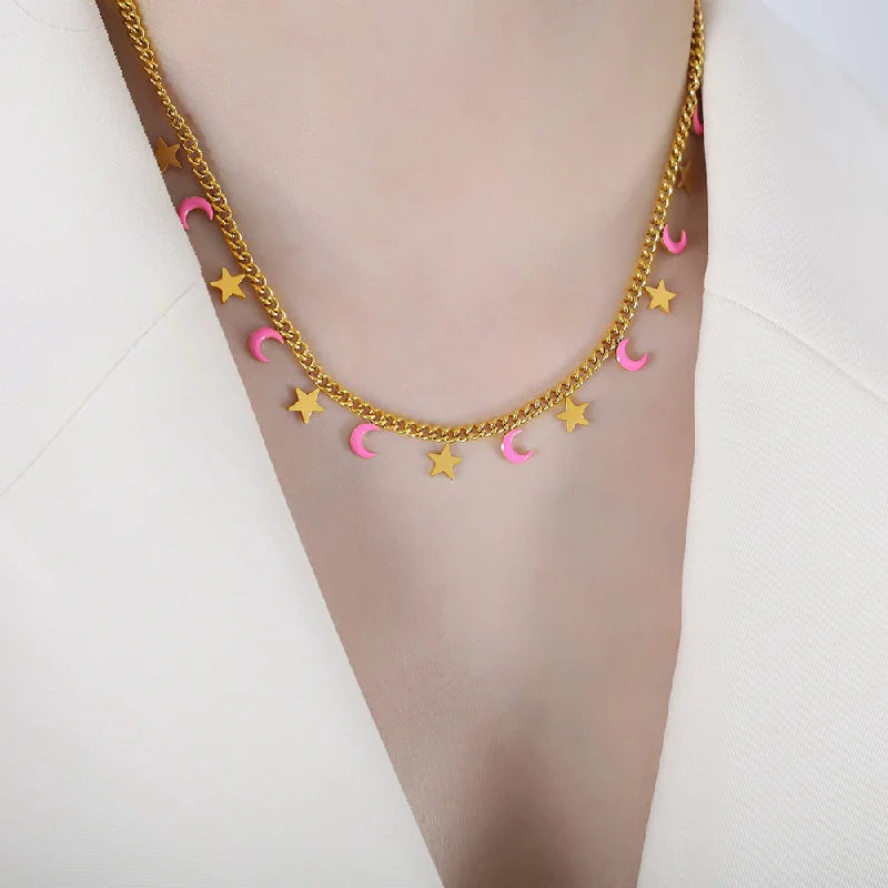 P1498-Pink Dripping Oil Gold Necklace-40+5cm