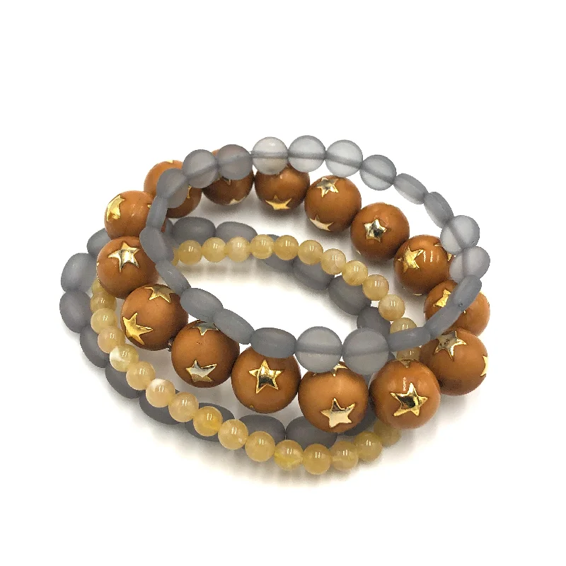 wrap bracelets for women-Caramel & Grey Star Stack & Stretch Bracelets Set