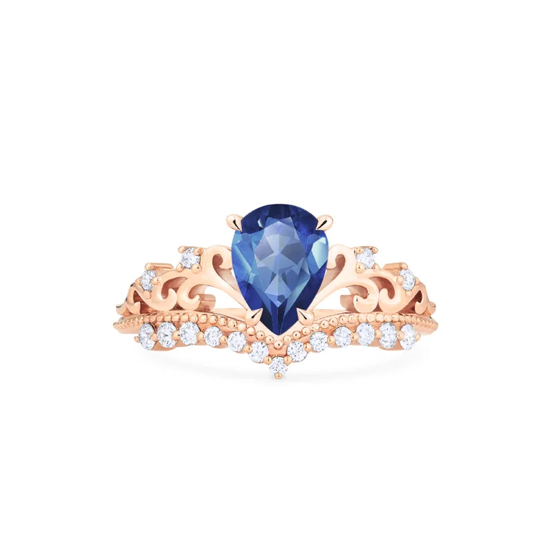 stunning engagement rings with square diamonds for women-[Francesca] Heirloom Crown Pear Engagement Ring in Blue Sapphire