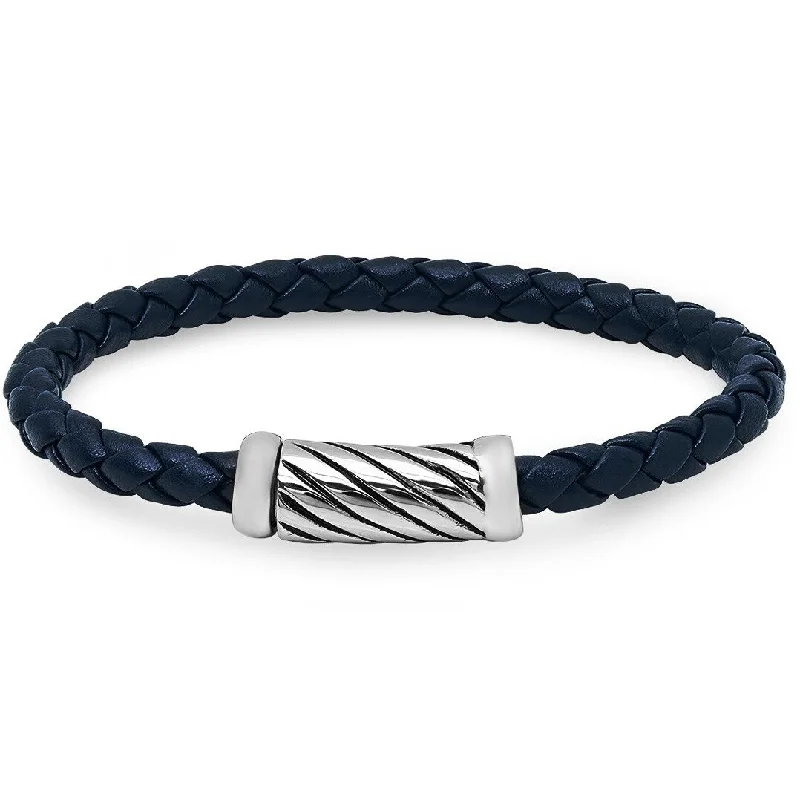 gold friendship bracelets for women-Oxford Ivy Braided Navy Leather Bracelet with Magnetic Stainless Steel Clasp ( 8 1/2 inches)