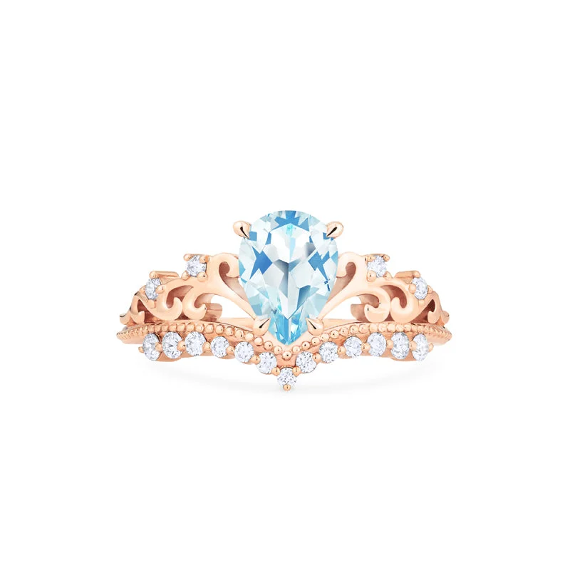 unique custom engagement rings for women-[Francesca] Heirloom Crown Pear Engagement Ring in Aquamarine