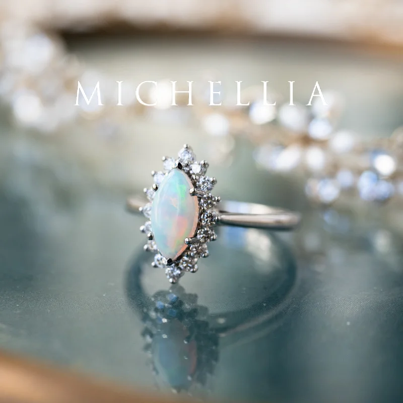 engagement rings with yellow gold and sapphire accents-[Helena] Australian Opal & Diamonds Marquise Engagement Ring, One of A Kind & Ready-to-Ship