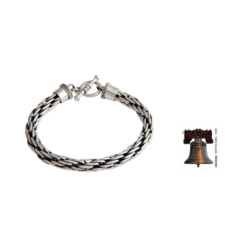 simple bangles for women-Courage Unique Handmade Toggle Clasp Open Link Woven Oxidized and Polished 925 Sterling Silver Mens Bracelet (Indonesia)