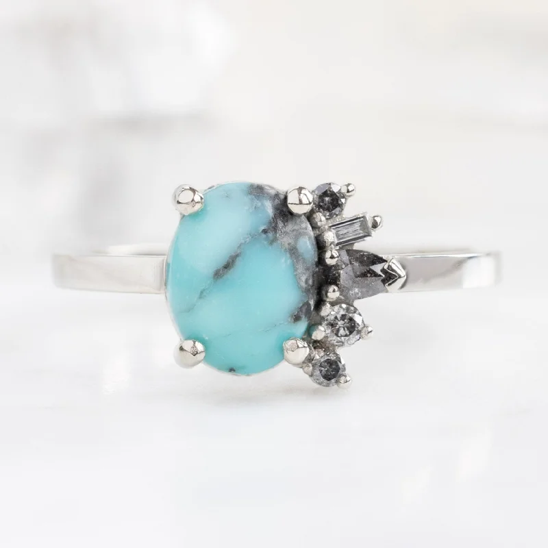 engagement rings with colored gemstones for women-The Cluster Ring | 1.23ct Oval Turquoise in 14K White Gold