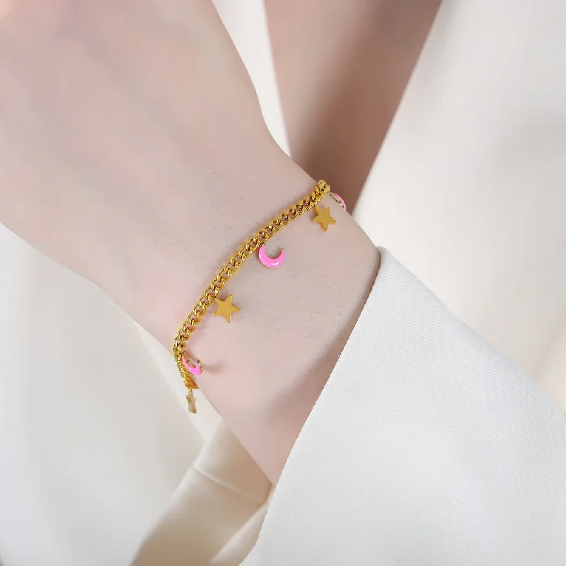 E434-Pink Dripping Oil Gold Bracelet-15+5cm