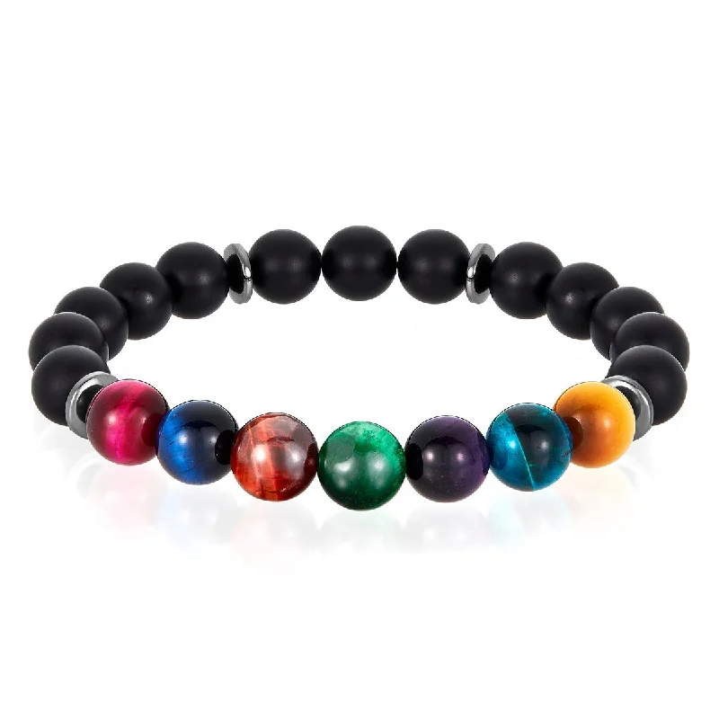 luxurious bangles for women-Men's Tiger Eye and Onyx Stone Bead Stretch Bracelet (10mm) - 8.25"